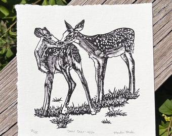 Handgemaakte linosnedeprint 'Dear Deer' | 6x6