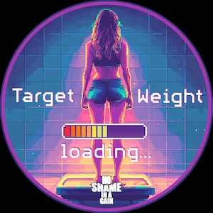 May include: A digital illustration of a person standing on a scale with a progress bar that reads "loading..." and the text "Target Weight" above the scale. The scale is in a bathroom with tiled walls. The text "NO SHAME IN A GAIN" is below the scale.