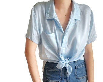 Vintage La Senza 100% silk light blue button up loungewear top