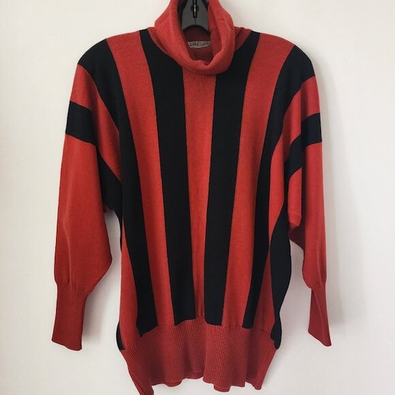 Jaeger, Vintage Jaeger Black Red Striped Dolman Sleeve Wool Turtleneck Sweater