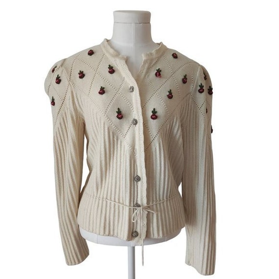 Vintage cream wool cardigan with 3D embroidered p… - image 1