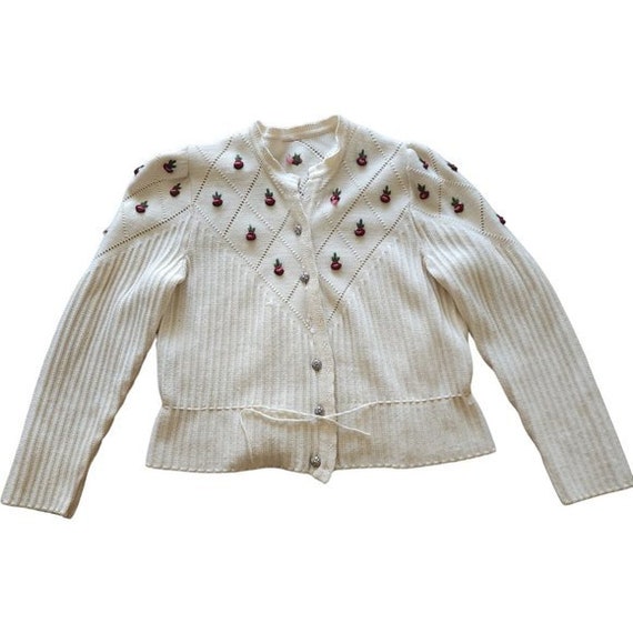 Vintage cream wool cardigan with 3D embroidered p… - image 4