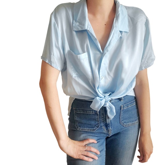 Vintage La Senza 100% silk light blue button up l… - image 1