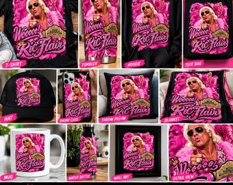 May include: A collection of merchandise featuring a graphic of Ric Flair in a pink robe with the text WOOOOO! Ric Flair. Items include a black t-shirt, tumbler, hoodie, tote bag, hat, phone case, throw pillow, blanket, mug, water bottle, and wall art.