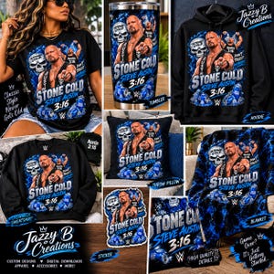 May include: A collection of merchandise featuring a graphic of Stone Cold Steve Austin, including a black t-shirt, a stainless steel tumbler, a black hoodie, a black sweatshirt, a throw pillow, a sticker, and a blue and black patterned blanket.