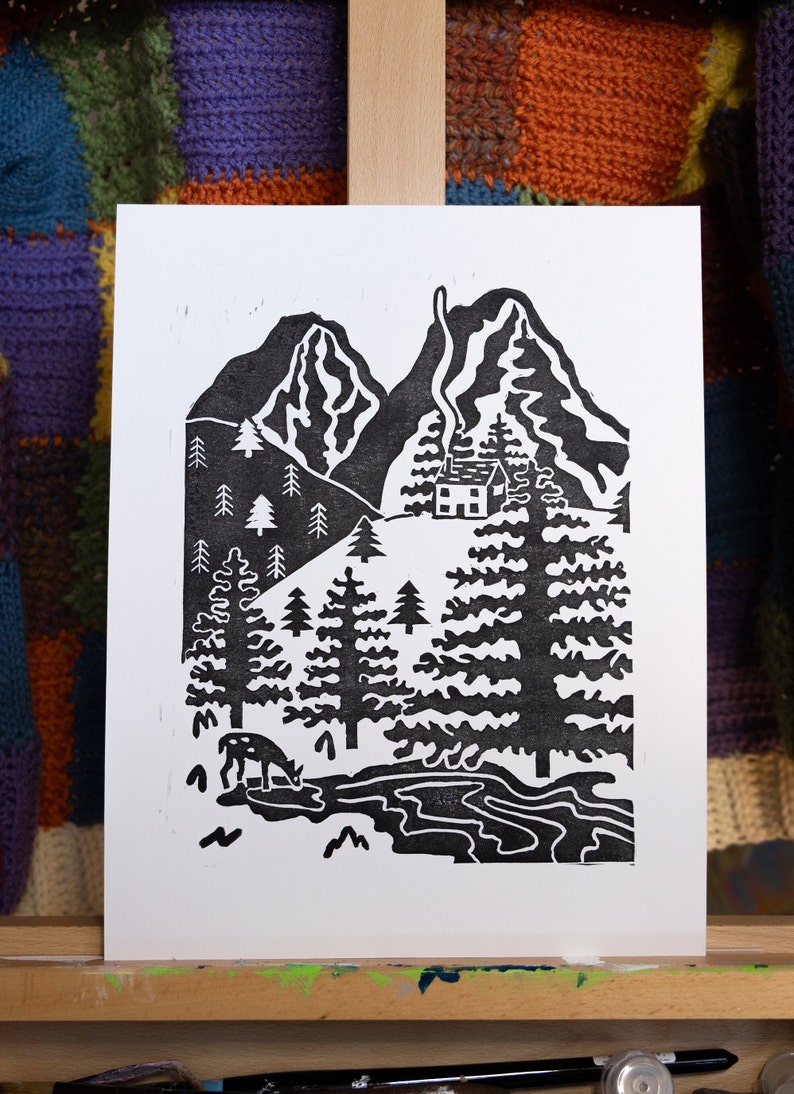 Linocut Print Cabin and Deer Woodland Scene - Etsy