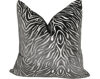 Zebra Print Velvet Pillow Cover - Handmade Charcoal Cushion Case