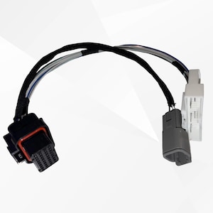 May include: An automotive wiring harness featuring a black multi-pin connector on one end and two separate connectors, one grey and one white, on the other end. The wires are bundled together with black protective tape and include blue and white stripes.