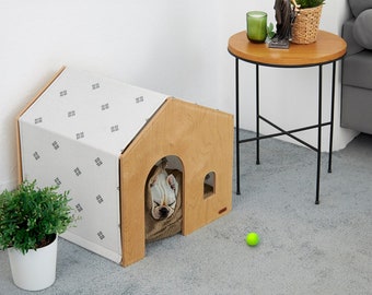 Demontable Wooden Breathable Replaceable Fabric Cat and Dog House in Grey