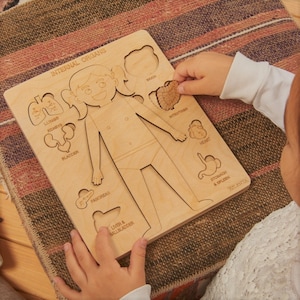 Houten puzzel, menselijk lichaam leren, menselijk lichaam puzzel, anatomie leraar geschenken, interne organen (met kaart)