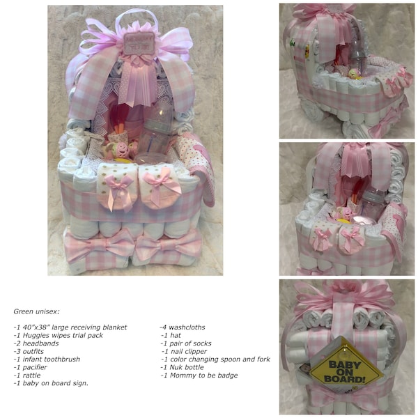 Handmade Diaper Stroller/Carriage, Baby Shower Gift, Baby Shower Center Piece, includes various purchased baby items.