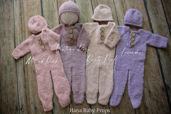 Handmade Alpaca Knit Baby Romper & Bonnet Set - Photography Prop Handmade Alpaca Knit Baby Romper & Bonnet Set - Photography Prop