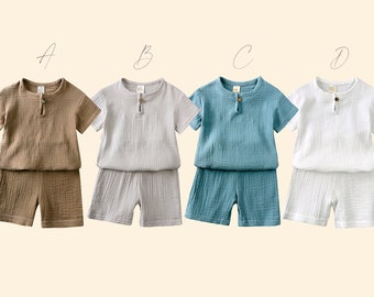Muslin Linen Cotton Toddler Boy Clothing Sets, Baby Boy Short Sleeve T-shirt + Pant Set, Toddler boy Summer outfits, toddler Clothing sets