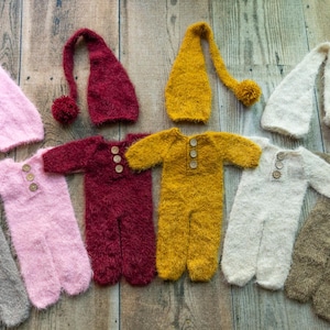 Handmade Newborn Footed Romper & Long Bonnet Set – Sleepy Baby Photography Prop /newborn photography / baby photo props/ baby photo outfits