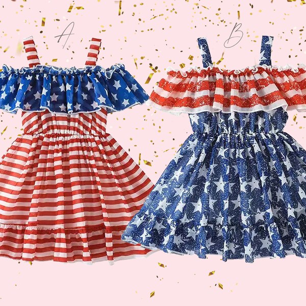 Holiday Knee Length 4th of July Gown Red White Blue American Flag Junior Toddler Photoshoot Pageant Recital Birthday Party BBQ Spring Summer