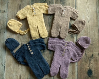 Knitted THICK footed romper/ 1 x Alpaca wool footed romper 2 x hat and 1 x wrap set/ Newborn photography prop/ Knitted romper and bonnet set