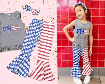 Toddler Girls Fourth of July Clothes, Girls Gray Tassel Top and Red White and Blue Stars and Stripes Flared Bell Bottom Pants