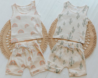 Organic Cotton Baby Outfit: Cactus & Rainbow Muslin Set