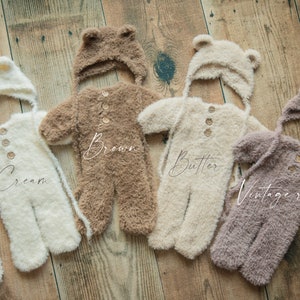 MINK Newborn Footed Romper/ Knitted Newborn Photography Prop / Stretch Footed Romper & Bear Hat Set/ baby photo props