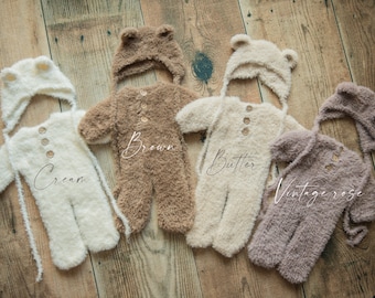 MINK Newborn Footed Romper/ Knitted Newborn Photography Prop / Stretch Footed Romper & Bear Hat Set/ baby photo props