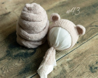 GRAY PINK #43 Newborn Handmade Knitted Wrap & Bonnet Set  / Stretchy Knitted Wrap/ Newborn photography props/ Baby photo prop set