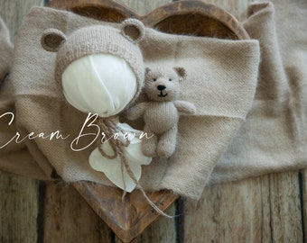 Angora yarn. Knitted little bear, wrap and bonnet Set. Newborn Photography Props. Fluffy Newborn Props for Photography. Baby photo prop