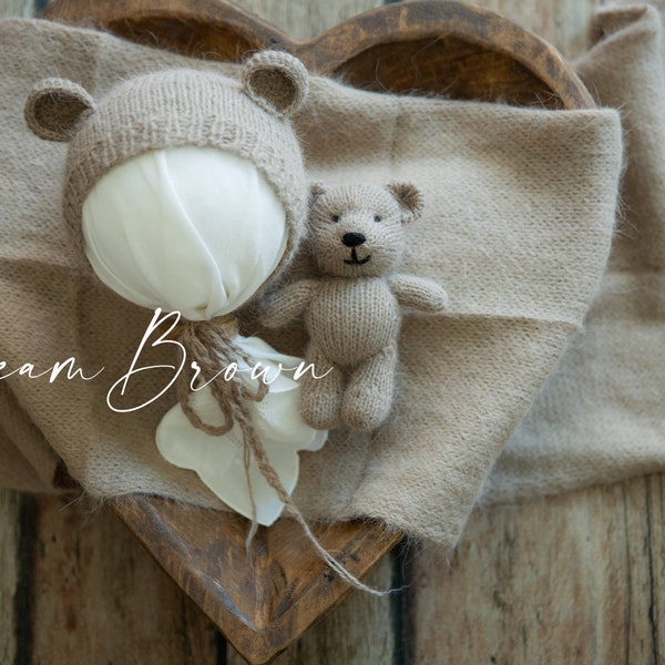 Angora yarn. Knitted little bear, wrap and bonnet Set. Newborn Photography Props. Fluffy Newborn Props for Photography. Baby photo prop