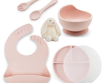 6-Piece Feeding Set, complete with a cuddly soothing toy bunny! The perfect gift for baby showers and toddlers!