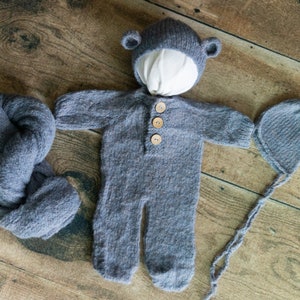 37 BLUE Alpaca Wool Newborn Photography Props Set/ 1 x Alpaca wool footed romper, 2 x hat and 1 x wrap set/ baby photo props