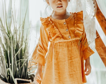 Kleid aus Bio-Baumwoll-Gaze: Langarm Kleinkind & Mädchen Freizeitkleidung