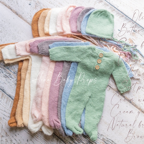 Boy's colors TINY Newborn size Romper & wrap + 2 bonnet set/ Baby Fuzzy Soft Knitted footed rompers / Footed Romper/ Baby photo props