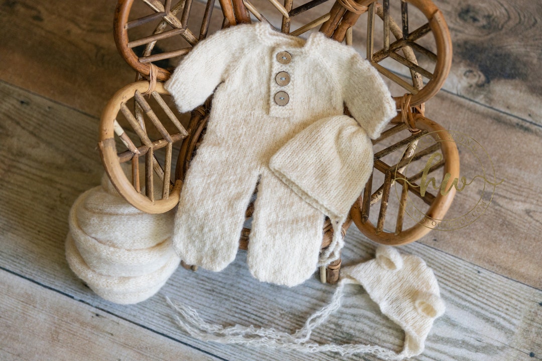 Alpaca Wool Newborn Photo Prop Set: Handmade Romper, Hats, Wrap, Color ...