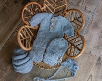 10 BUTTER BLUE Alpaca Wool Newborn Photography Props Set/ 1 x Alpaca wool footed romper, 2 x hat and 1 x wrap set/ baby photo props