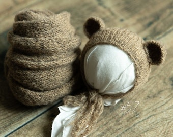 TIGER BROWN #57 Newborn Handmade Knitted Wrap & Bonnet Set  / Stretchy Knitted Wrap/ Newborn photography props/ Baby photo prop set