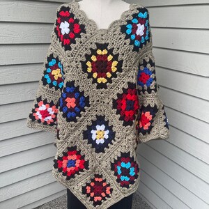 Crochet Granny Square poncho, multicolor flower poncho, woman poncho