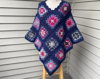 Crochet Granny Square poncho, multicolor flower poncho