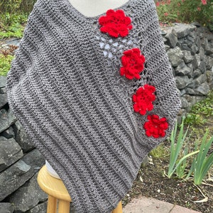 Crochet granny square poncho wrap, rose granny square poncho wrap
