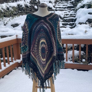 Boho granny square poncho with fringe