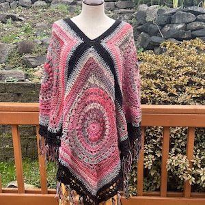 Boho crochet poncho with fringe, Granny square poncho