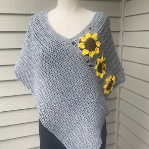 Crochet sunflower poncho wrap, granny square poncho