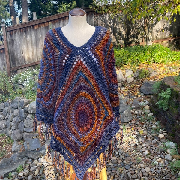 Boho granny square poncho with fringe