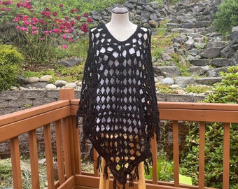 Boho poncho with fringe, granny square poncho with fringe