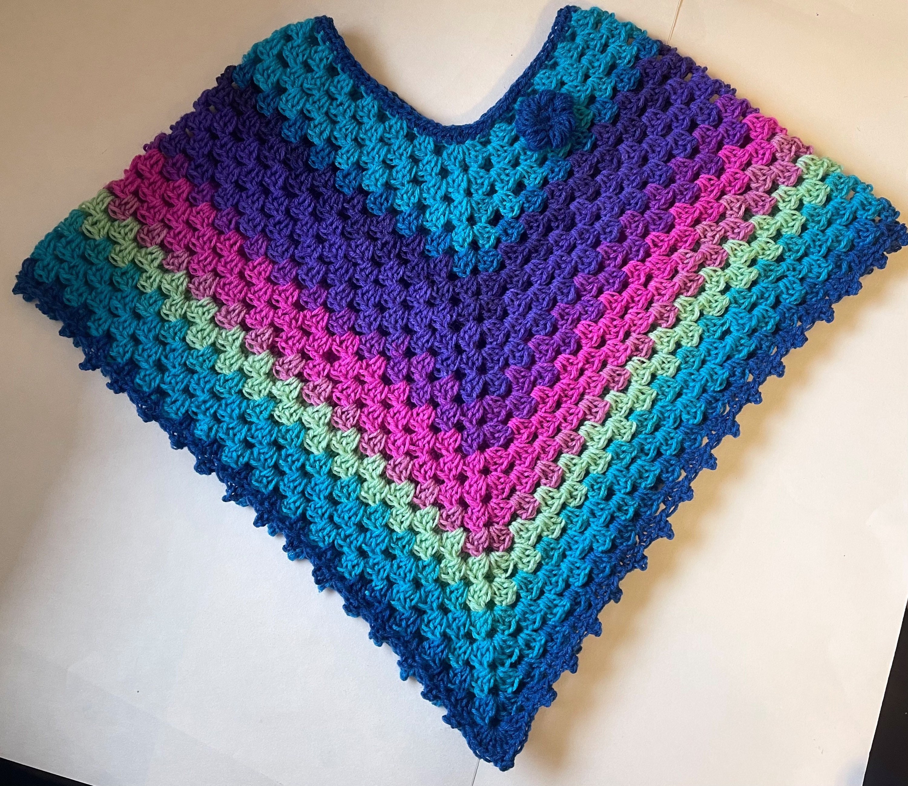 Crochet poncho with flower, Girls crochet Poncho, gift for girl, crochet top, kid poncho, multi color poncho,