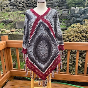Boho granny square poncho with fringe