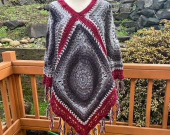 Boho granny square poncho with fringe