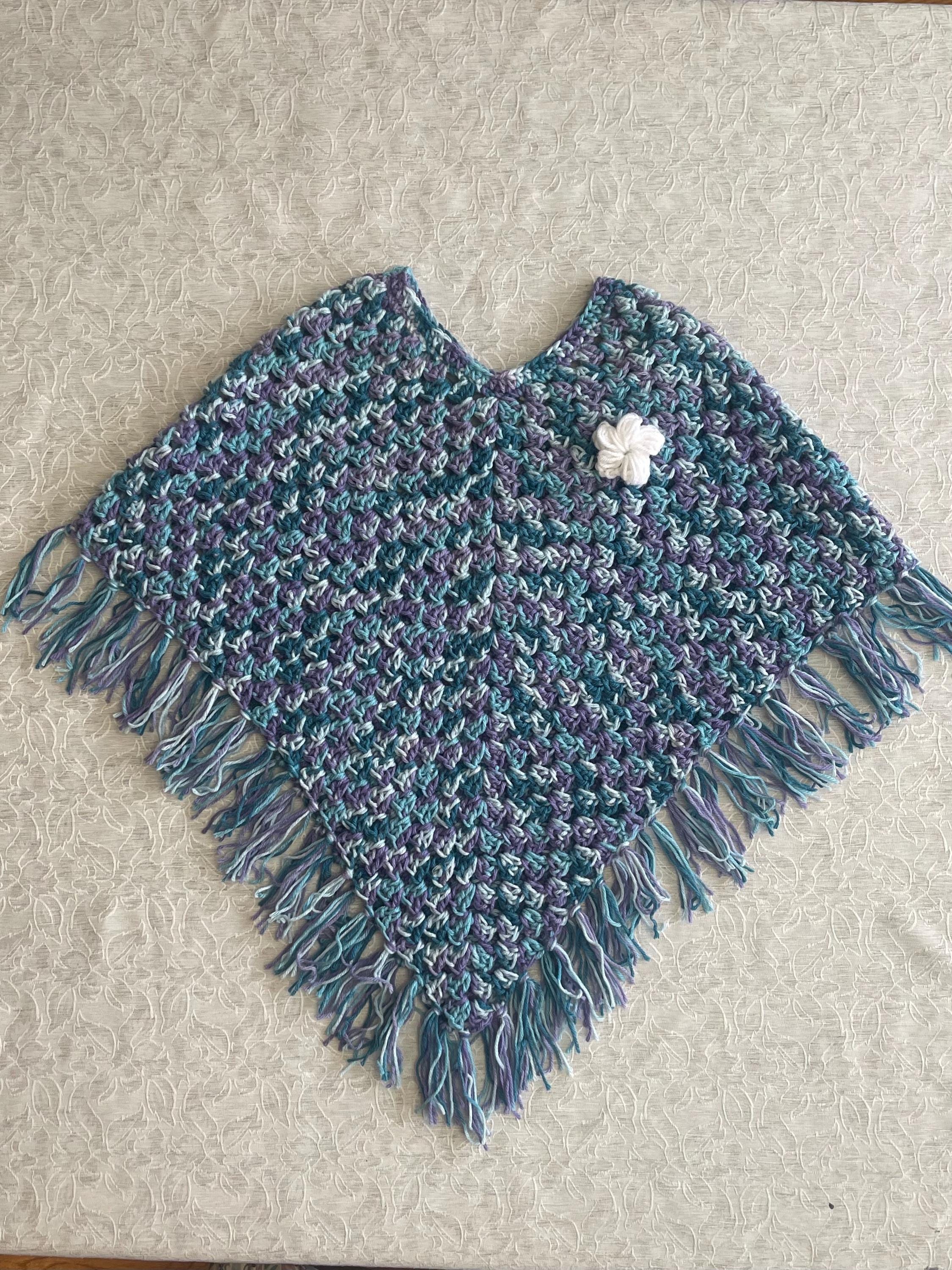 Girls Crochet Poncho with Fringe, Handmade Acrylic Top