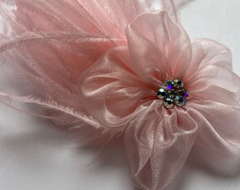 Pink Flower and Ostrich Feather Hair Piece with Swarovski Crystals