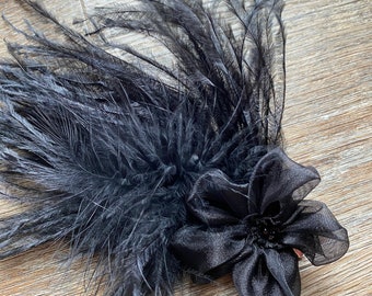 Black Flower and Ostrich Feather Hair Clip with Preciosa Crystals