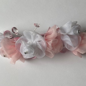 Pink flower bun wrap for hair for Wedding Ballet Dance Variation Competition or Special Event features rosette roses sparkly rhinestones