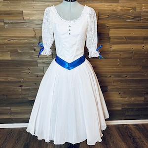 Custom White Lace Romantic Ballet Tutu with blue ribbons for Graduation Ball Clara or French Ballet Variation
